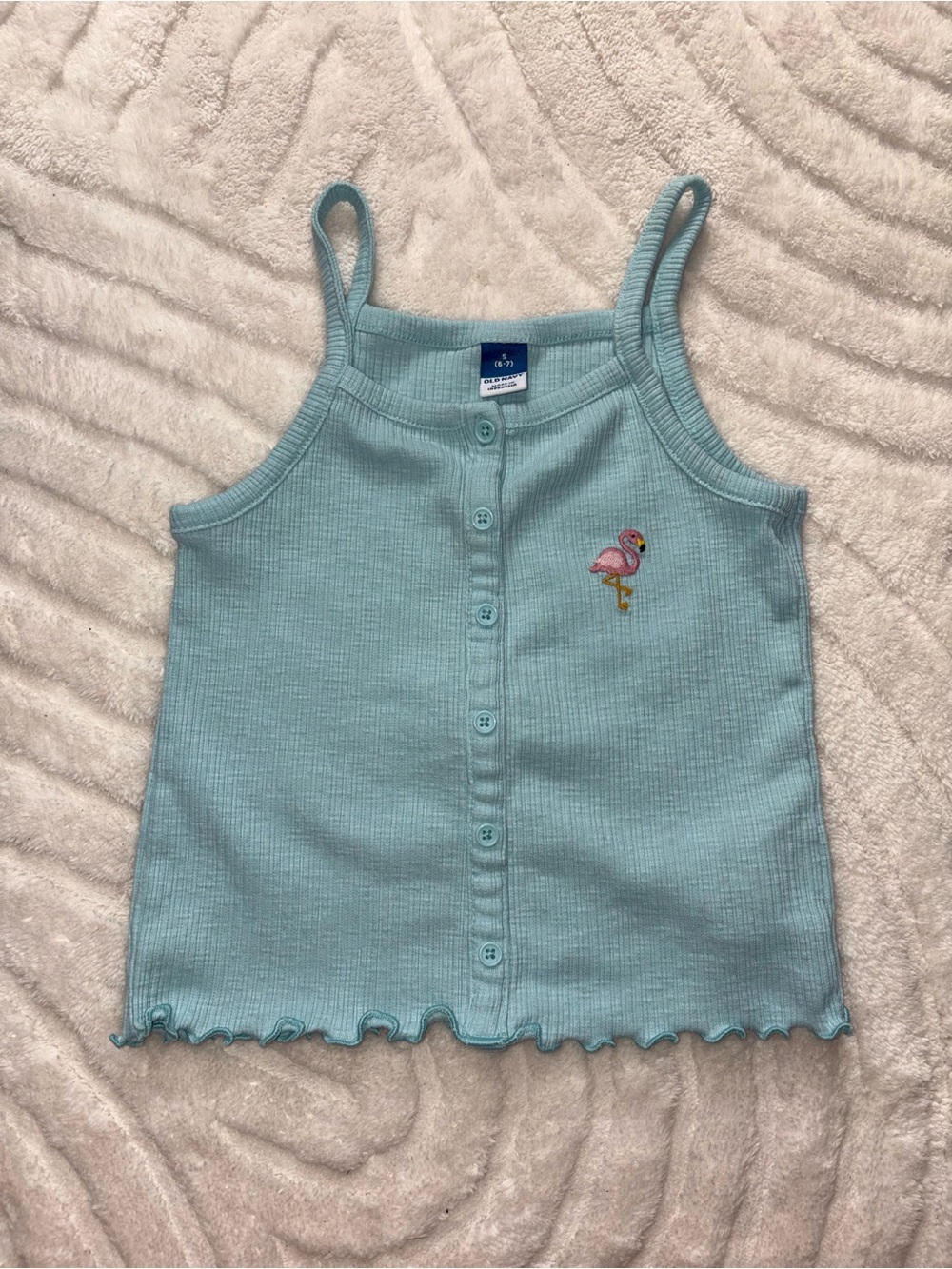 Old Navy Light Blue Ribbed Button-Front Tank with Flamingo Patch